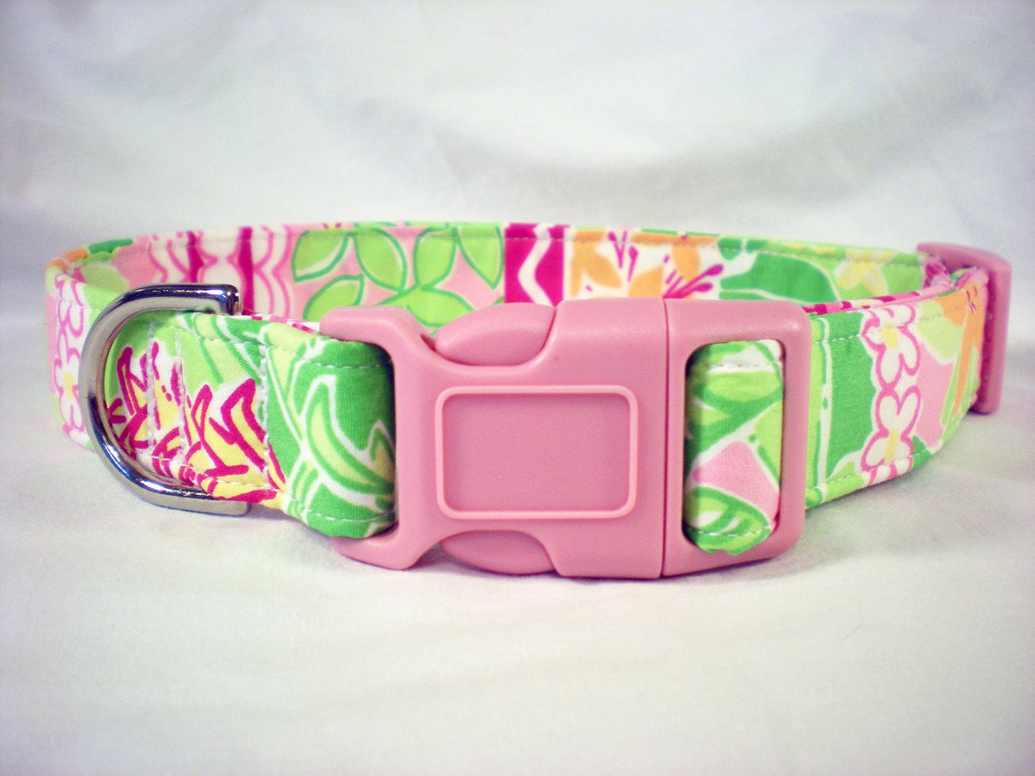 Custom Dog Collar Lilly Pulitzer Pink Green Orange Flowers Fabric from PinkysPetGear on Etsy