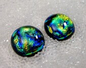 Sparkling Green, Gold and Blue Ripple Dichroic Glass Fused on Black Glass Stud Earrings 15mm