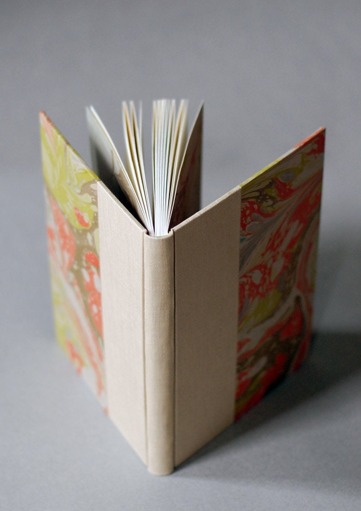 Marbled Journal in Coral and Green, Beige Linen Binding