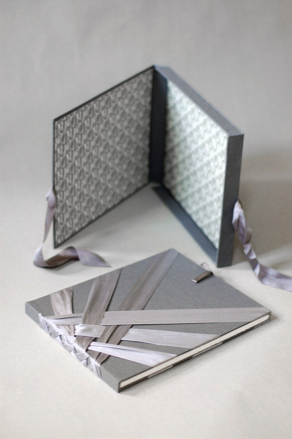 Guest Book with Gray Silk Woven Bands and Matching Box