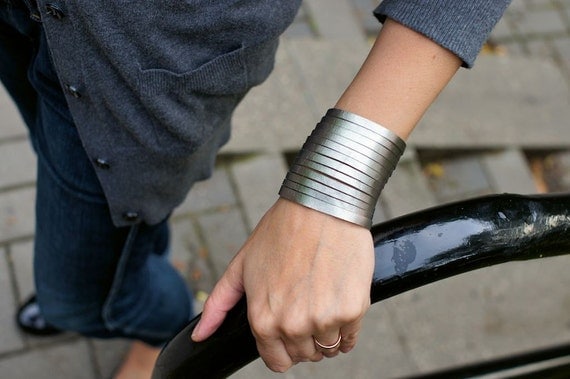 Silver Steel Leather  Wrist Wrap Bracelet