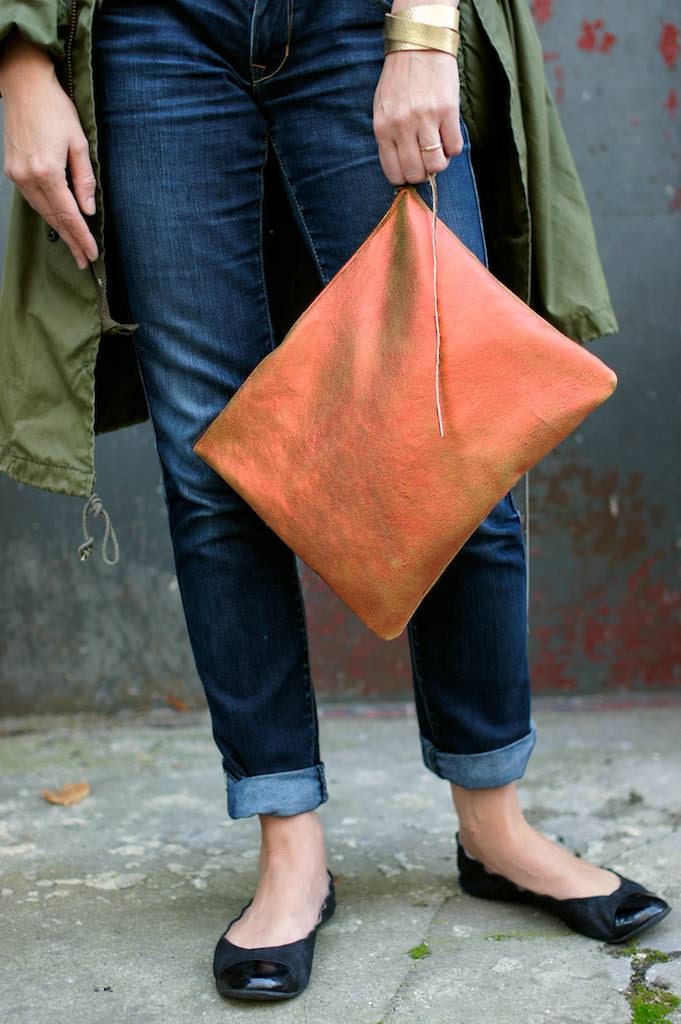 Oversized Leather Clutch Orange Mettalic 12 inch, every day clutch