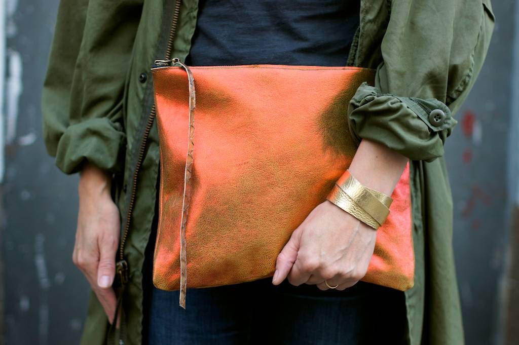 Oversized Leather Clutch Orange Mettalic 12 inch, every day clutch