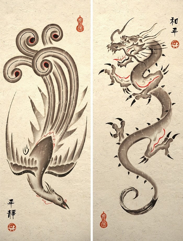 Sumie Asian Dragon and Phoenix Art Prints