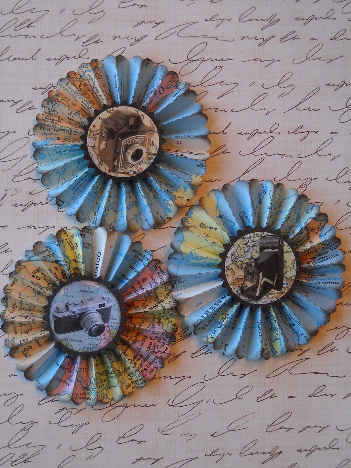 upcycled vintge map rosettes- Travel cameras- set of 3