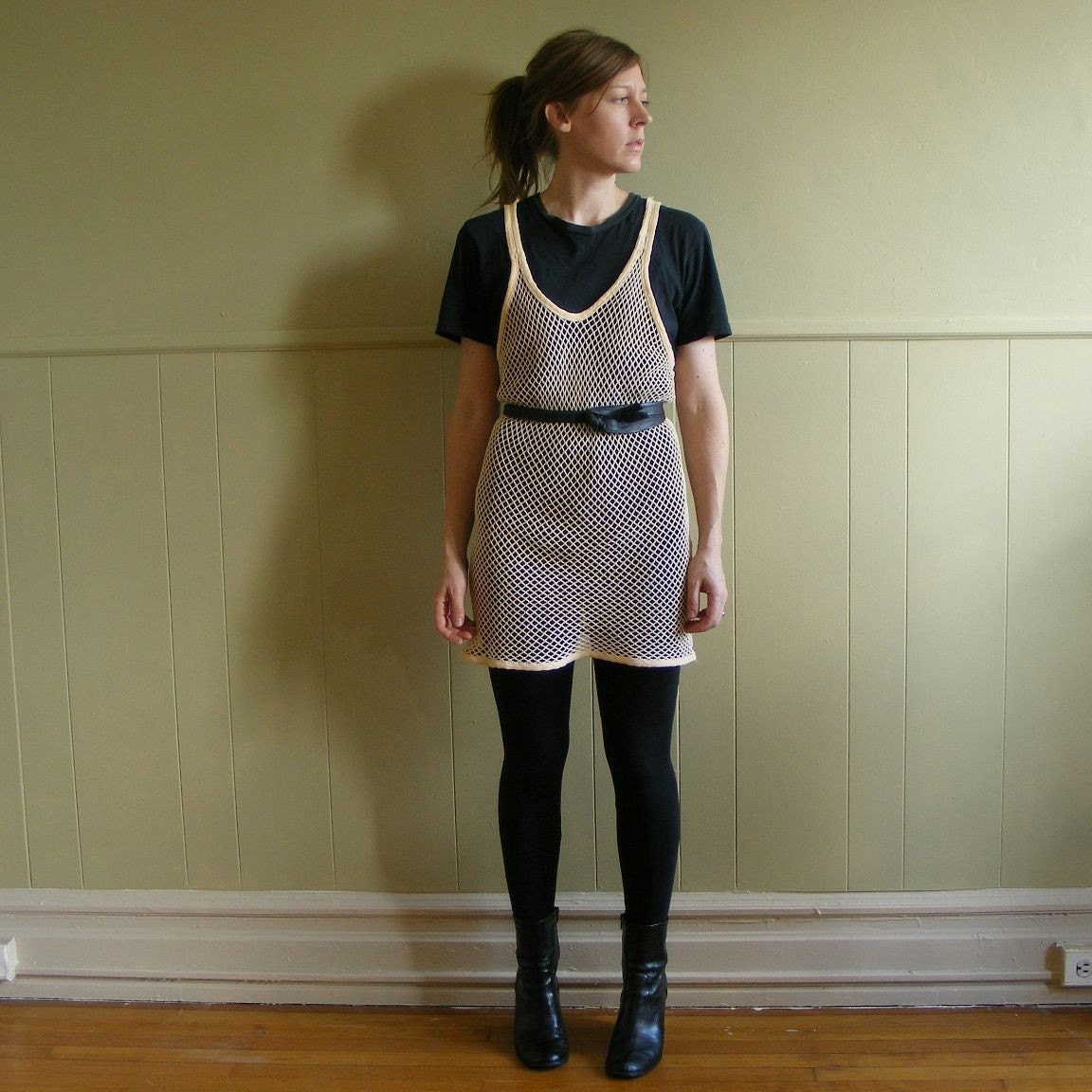 Mesh wifebeater / pastel peach mesh mini dress