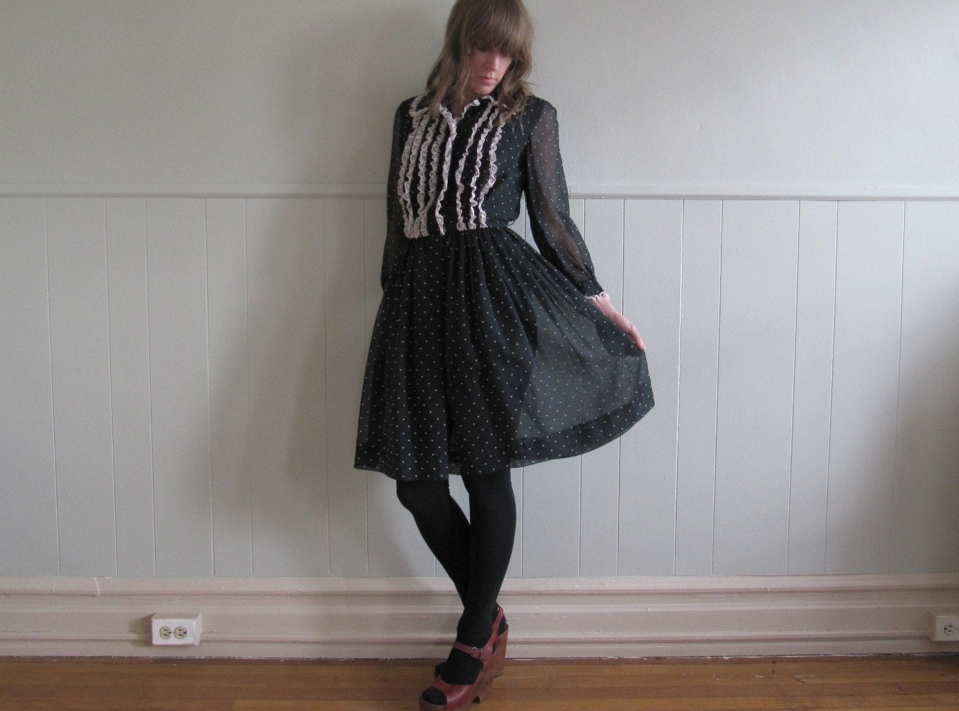 Sheer black cotton mini dress / boho prairie mod ruffled shirtwaist dress