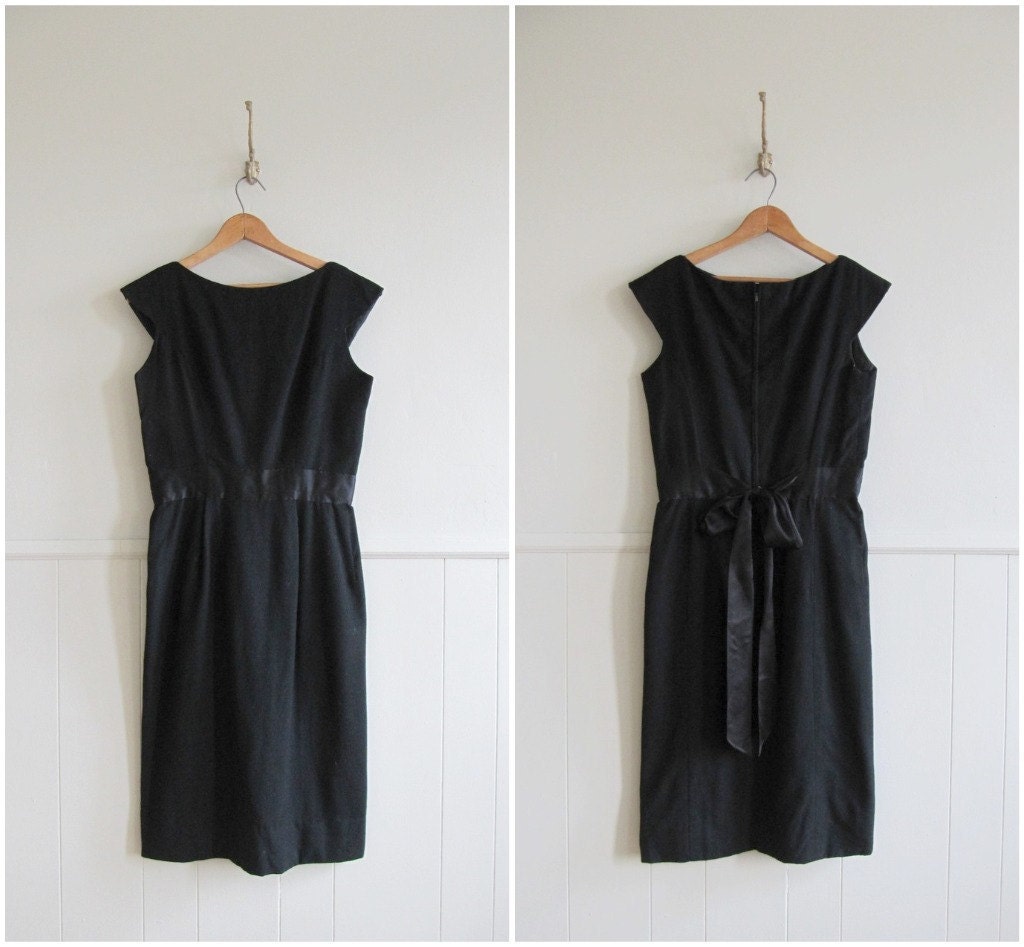 1960s vintage black wool ribbon sashed wiggle dress