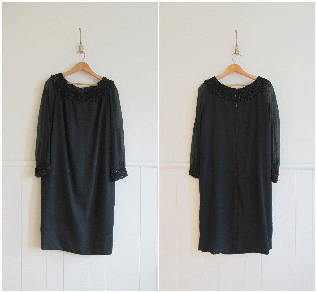 1960s vintage black crepe and silk chiffon sparkling shift dress