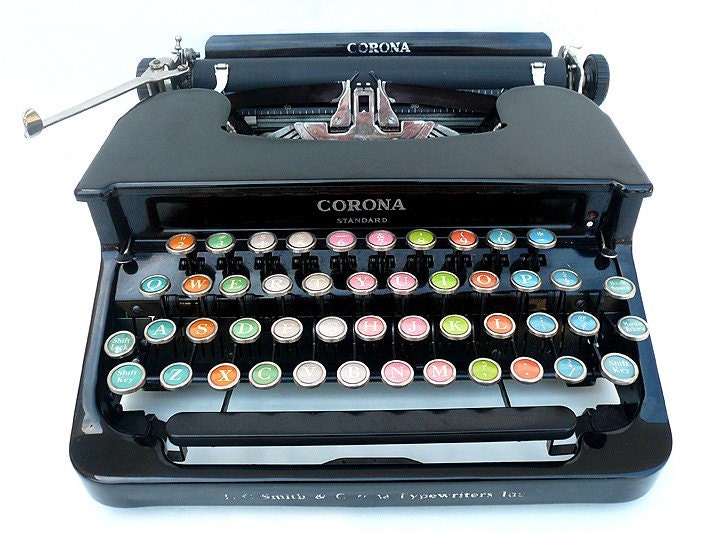 1936 Fully Restored L.C. Smith Corona Standard Colored Glass Keys Typewriter w/ Case