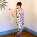 Vintage 60's Bright Colorful Bold Op Art Print MAD MEN Dress White Black Purple Blue Yellow A-Line Sleeveless Chiffon Bow Retro 1960's Shif