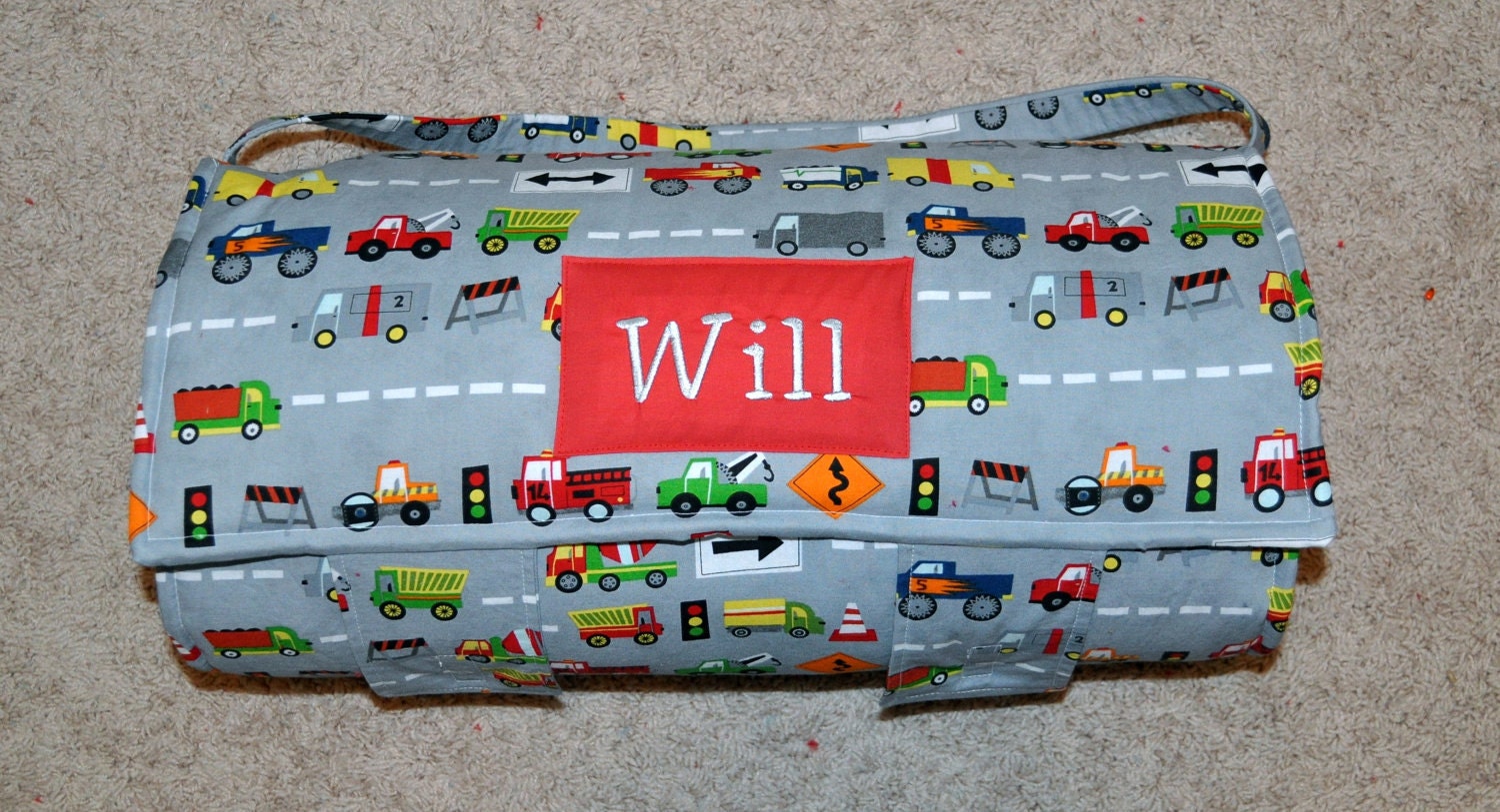 Nap Mat - Monogrammed Ten Little Things Grey Trucks Nap Mat with Red Double-sided Minky or Minky Dot Blanket