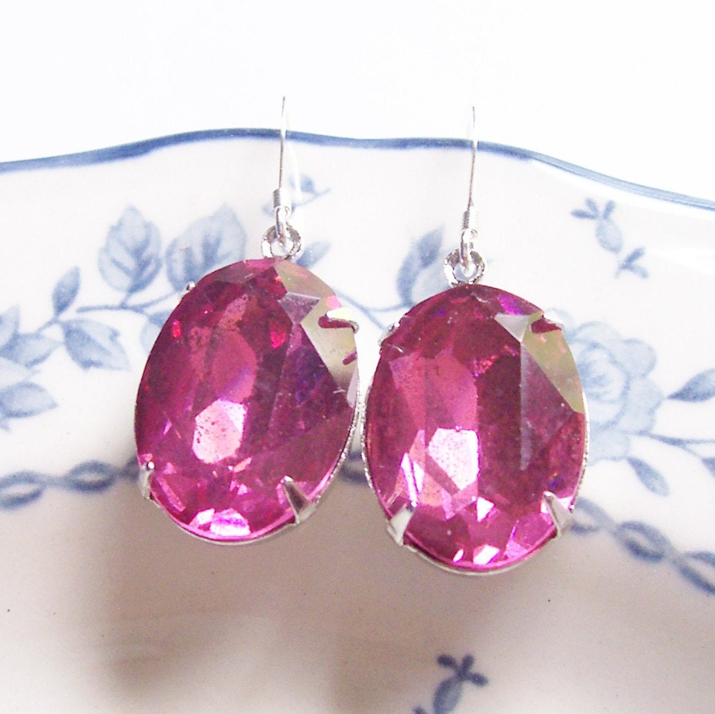 Glam It Up Earrings, Estate Style Rose Pink Vintage Glass Jewels, Sterling Silver, Wedding Jewelry Estate Style