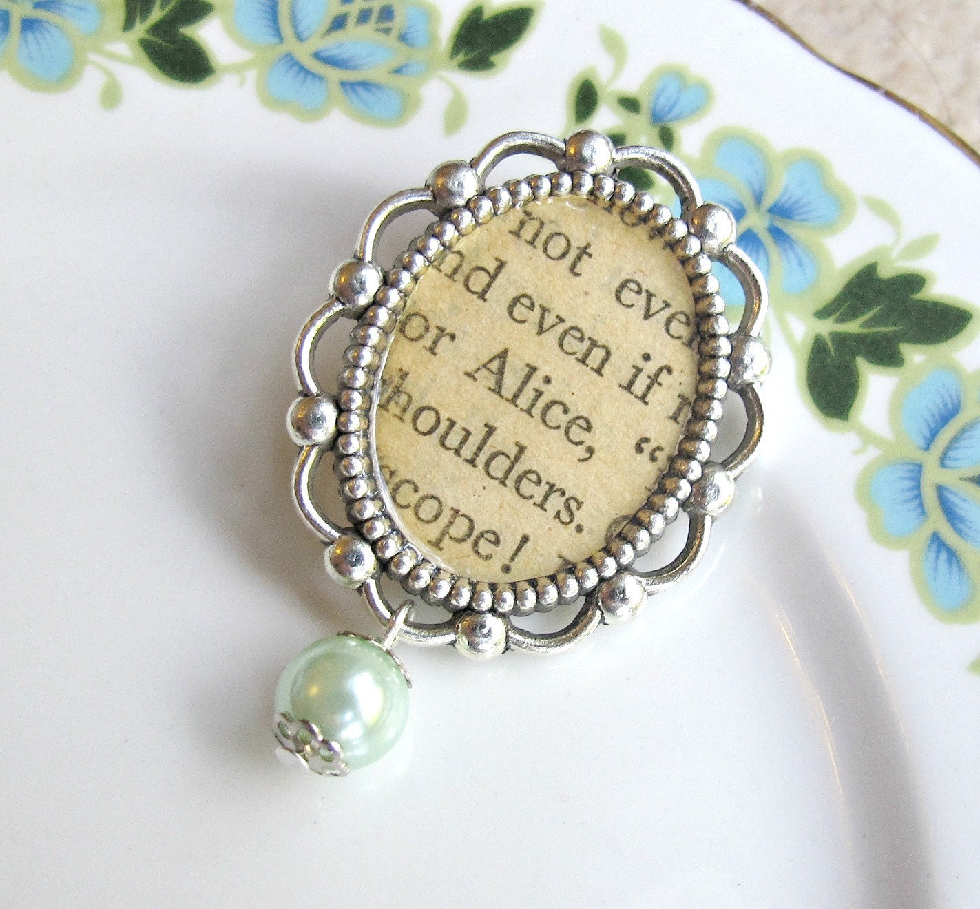 Brooch. Alice in Wonderland Bridal Bouquet Pin. Mint Green Pearl. Repurposed Text Book. Cameo. Jewellery