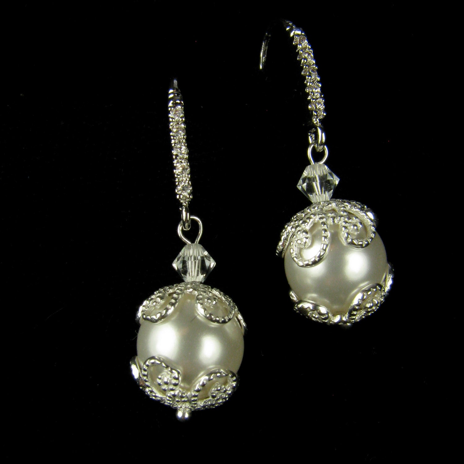Bridal Earrings Swarovski Pearl Sterling Silver Filigree Bead Caps CZ Encrusted ear wire
