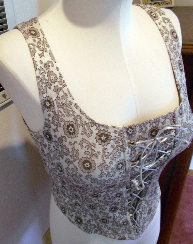 RESERVED Vintage Gun Metal Floral Brocade Victorian style Lace up Corset top M