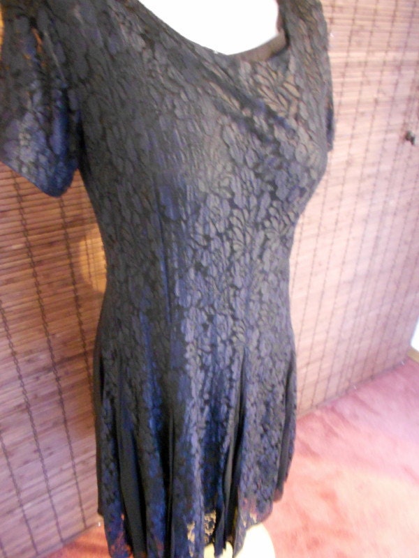 Vintage Black Semi Sheer Lace and Crepe Style Flapper Dress M-L