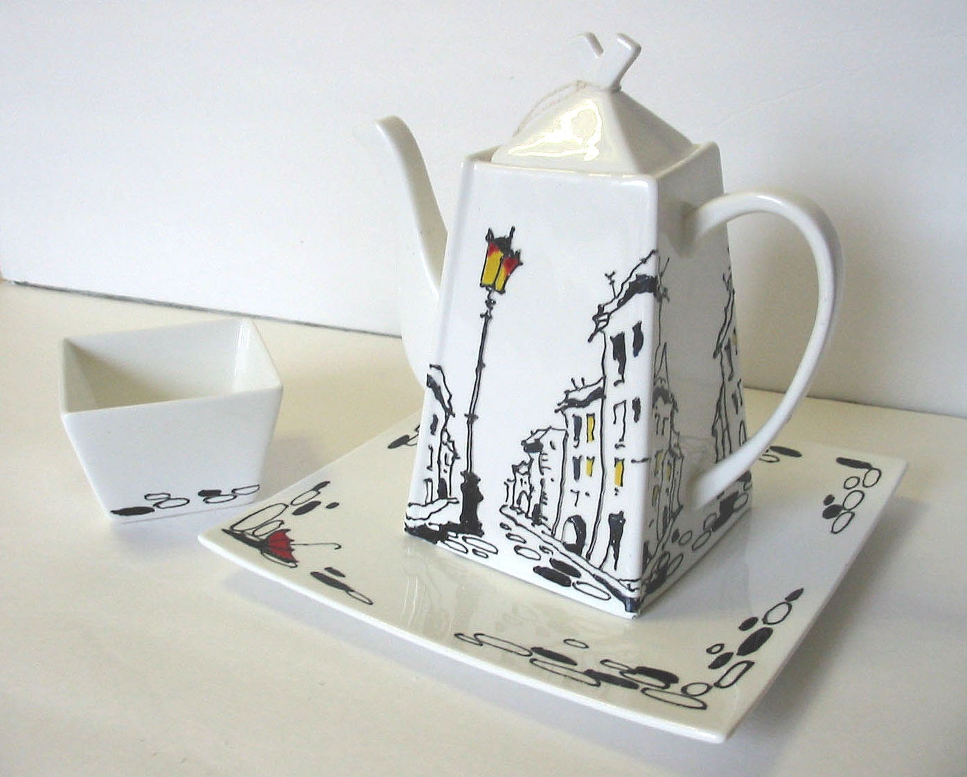 Teapot with Sugar Jar - RAINY STREET - Original decorative painting by Yury Tarler - tbteam