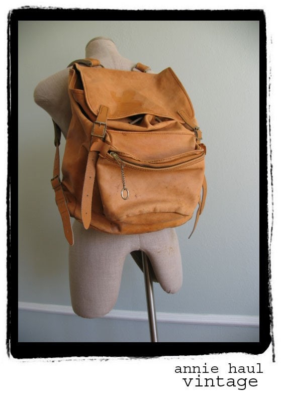 1970s vintage LEATHER BACKPACK rucksack HIPPIE 70s by anniehaul