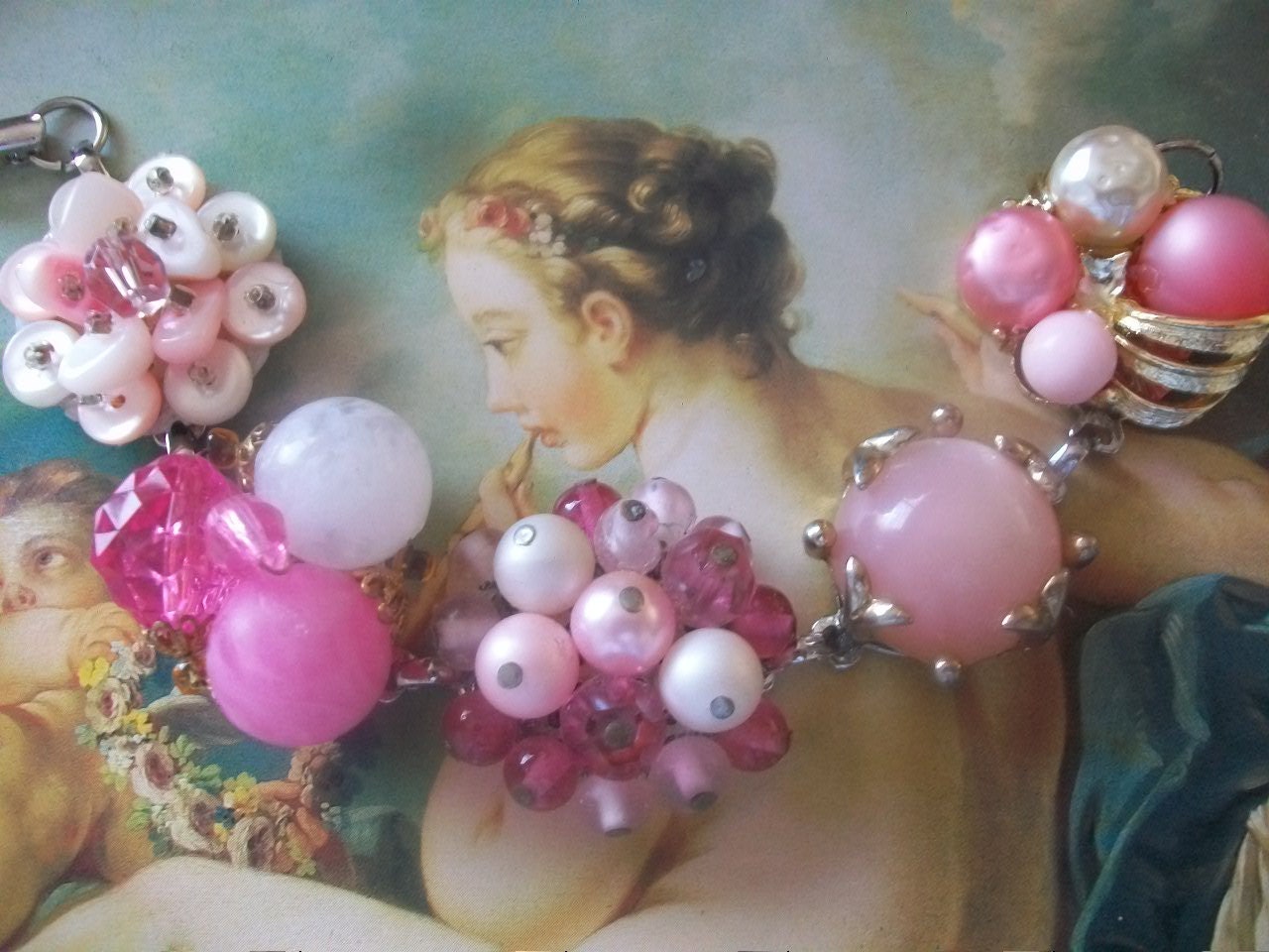 Pink Bubblegum, Shabby Chic, Reclaimed Vintage Bracelet, Vintage Earring Assemblage Bracelet, Wedding Jewelry, Bridesmaid Gift, Cowgirl Chic