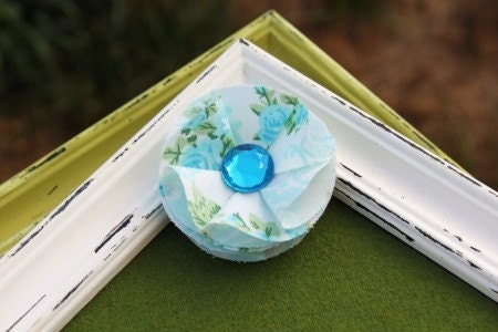 Fabric Flower Blue and Green with Blue rhinestone center Hair Clip. Non Slip Hair Clip