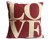 Love- Appliqued Eco-Felt Pillow Cover in Ruby Red and Antique White - 18 inches - DancingArethusa