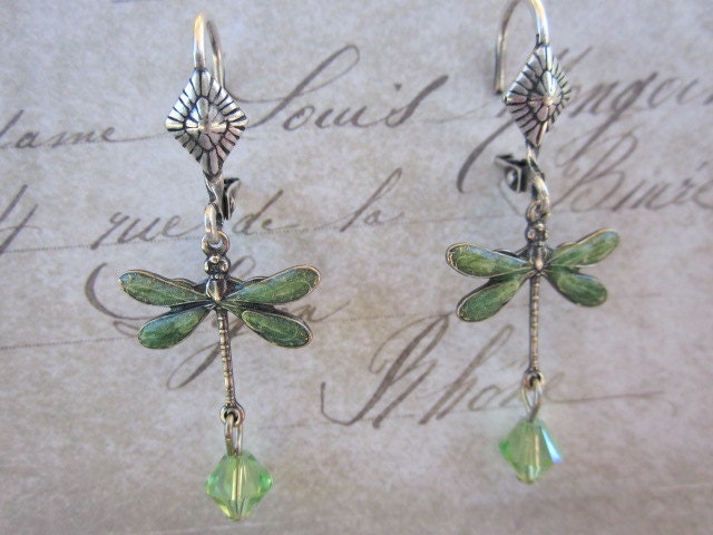 Antique silver garden green Dragon Fly Chandelier Dangle Earrings wedding bridesmaid jewelry