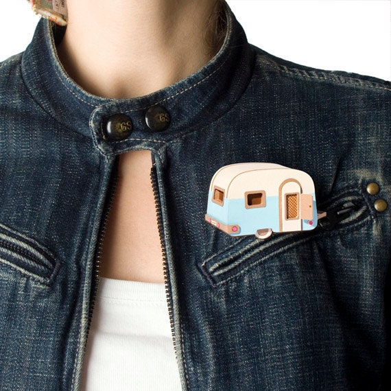 Green or blue vintage caravan paper brooch