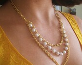 Triple strand gold necklace. Glass pearls. Vintage chains. Elegant and multistrand. Women's jewelry.