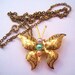 Long gold necklace. Upcycled vintage butterfly pin. Pastel pink, green faux pearl. OOAK gift.