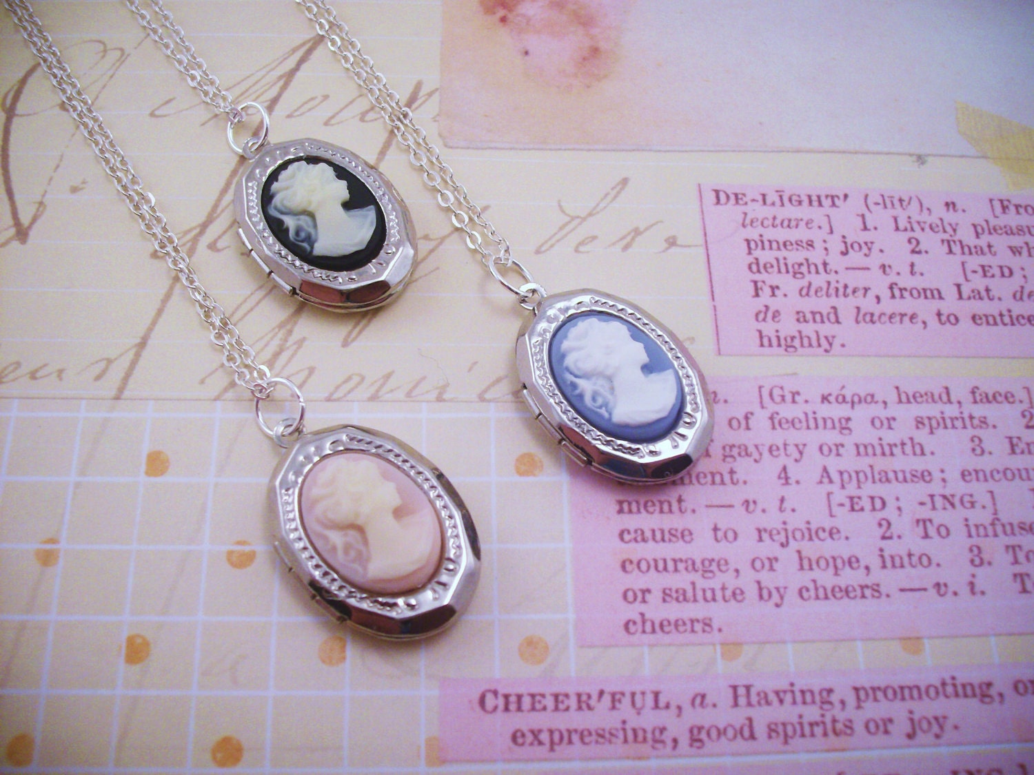 LAST ONE. One cameo locket necklace in your choice of pink or blue. Everyday wear jewelry. Silver. Victorian. For a classic woman.
