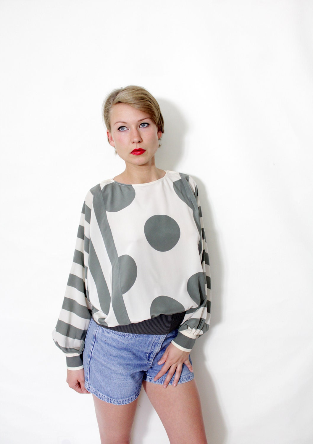 Vintage blouse. dots and stripes neutral top. SML