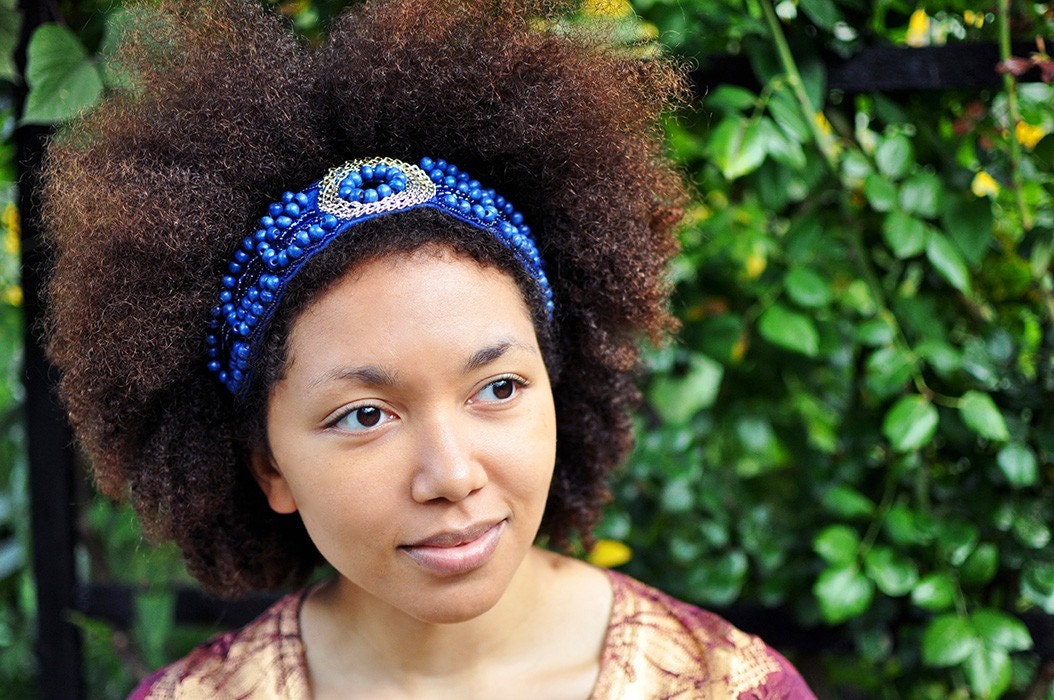 Curly Hair Headband Blue Beaded Elastic