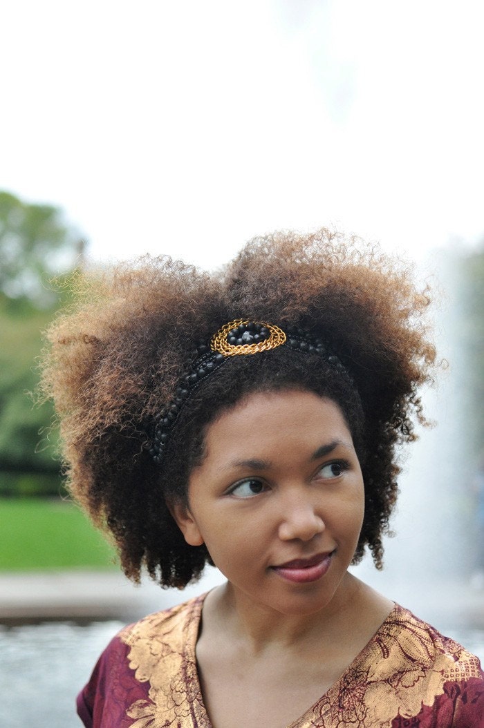 Natural Hair Headband Black Beaded Elastic