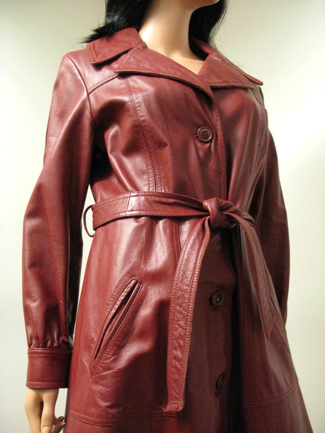 Long Leather Trench Coat - Vintage 70s Reddish Brown Leather Spy Girl Coat S M FREE US Shipping