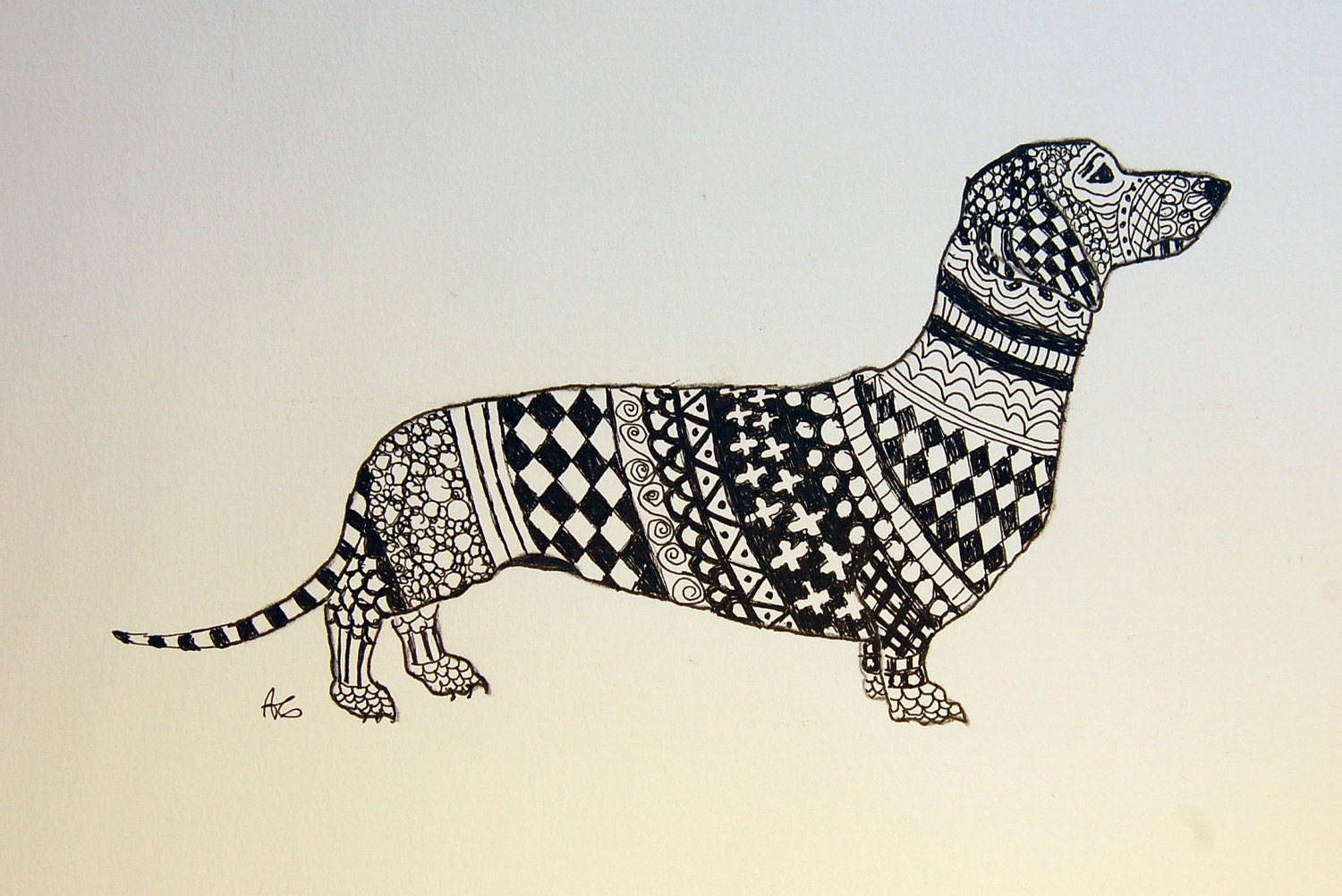 Dachshund Zentangle Original Pen and Ink Drawing with Diamonds Free Shipping in USA