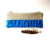 Pouch, pencil case, clutch, purse - New Mini True Romantic Pouch in natural linen / blue