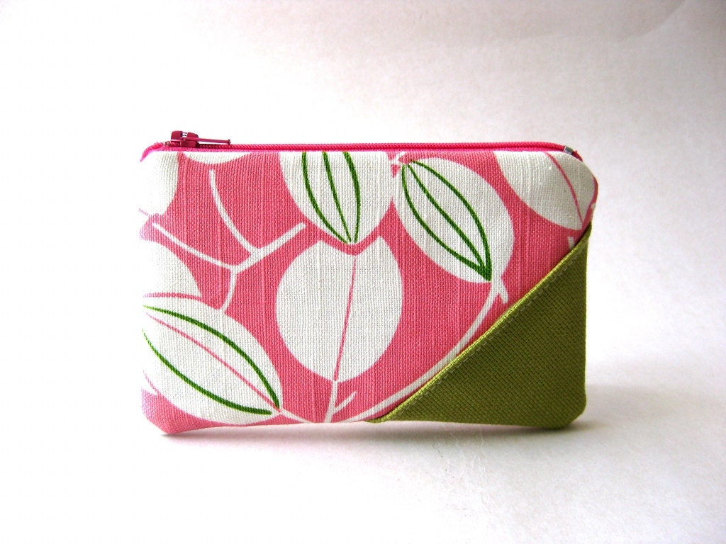 SALE - Was originally: 15 USD - The Picnic Coin Purse in pink , and white cotton fabric and apple green/light pink -cotton