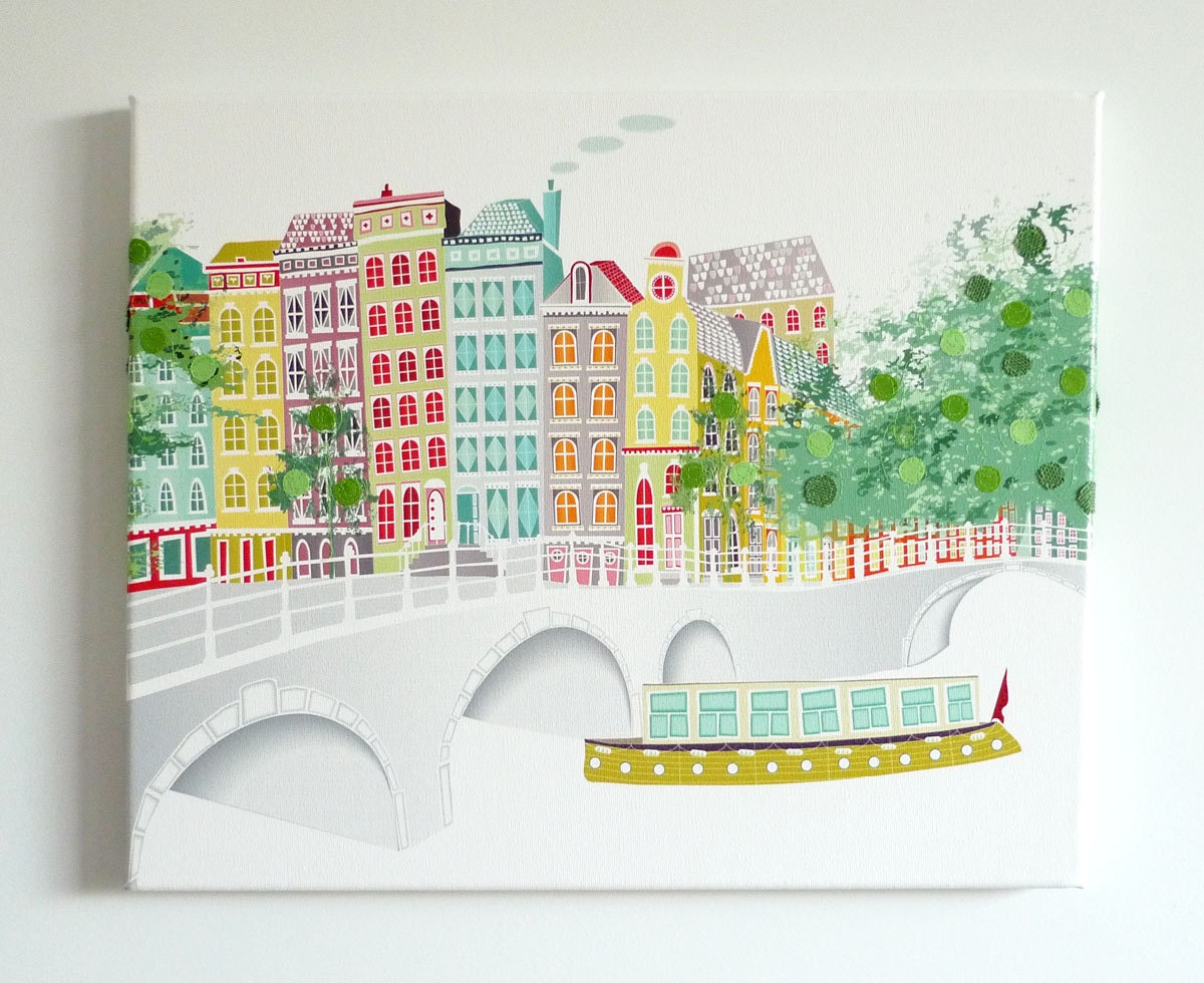 Amsterdam Across the canal, Stitched cityscape canvas print