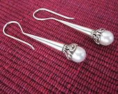 Awesome Bali Sterling Silver Dangle Earrings / freshwater pearl / 1.8 inch long / handmade jewelry