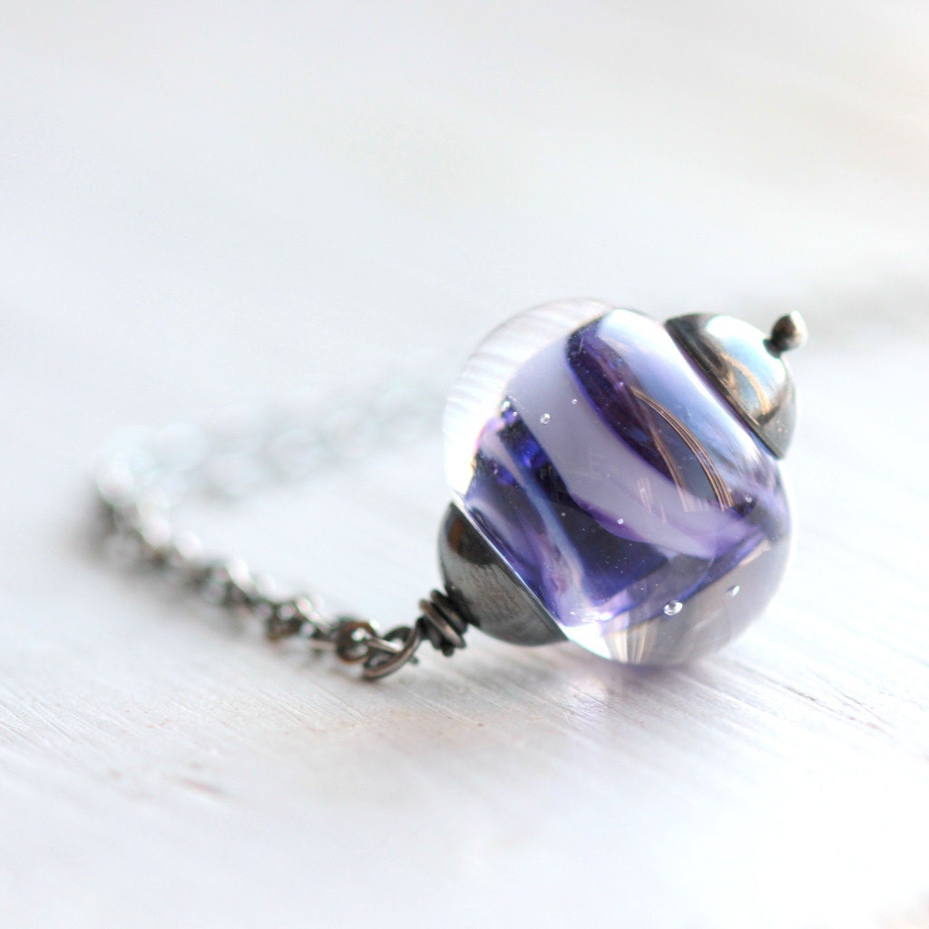 Large Purple Glass Necklace on Sterling Silver - Lampwork Glass Amethyst Swirl Long Necklace Modern Fashion