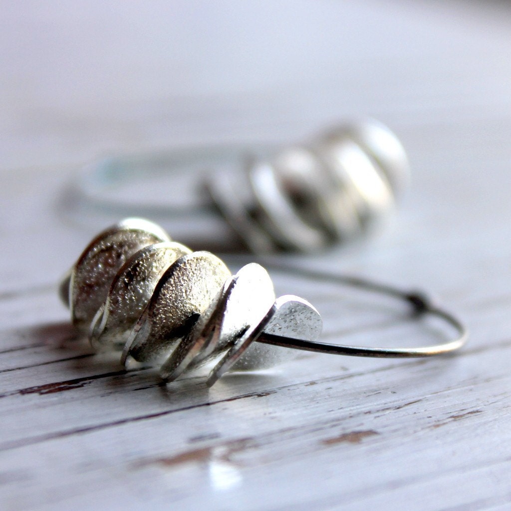 Large Hoop Ruffle Earrings in Oxidized Sterling Silver - Glimmer Minimalist Modern Boho Under 30 Gift