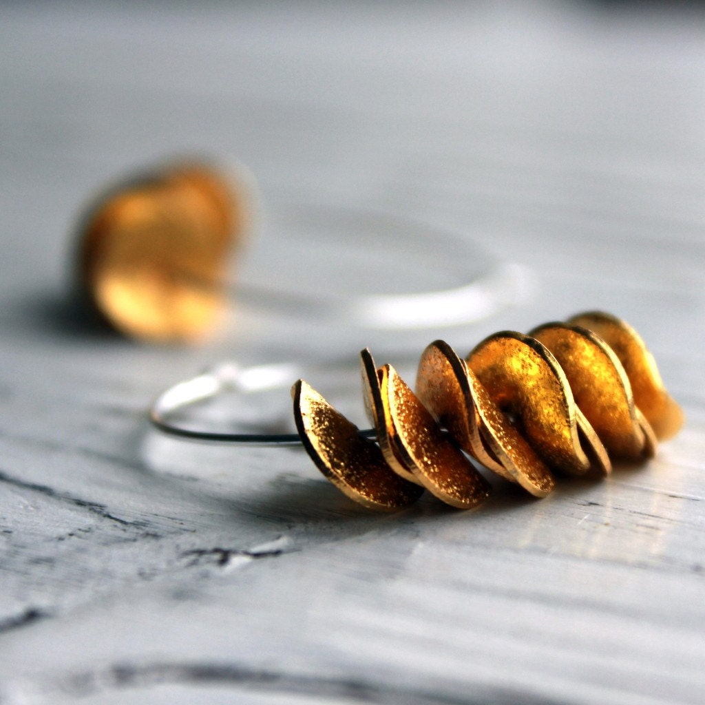 Large Hoop Ruffle Earrings in Sterling Silver with Gold Ruffle - Mixed Metal Petals Modern Minimalist Under 30 Gift