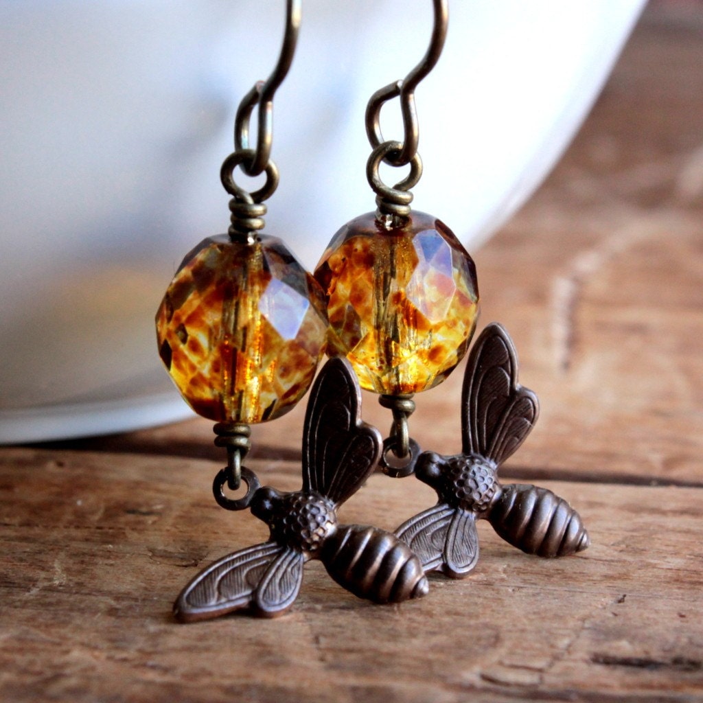 Honey Bee Earrings with Golden Czech Glass Beads - Honey Bee Summer Fashion Garden