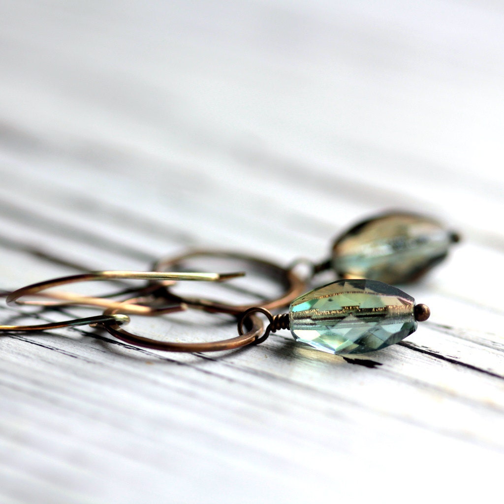 Sea Green - Handmade Aqua Celsian Czech Bead and Brass Hoop Earrings