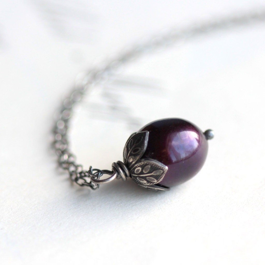 Pearl Necklace, Handmade Plum Freshwater Pearl and Sterling Silver Necklace - Stone Fruit - June Birthstone