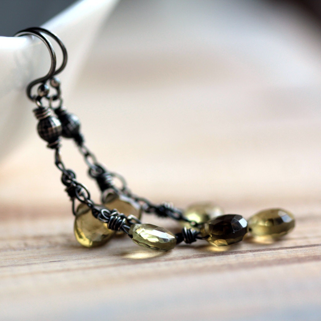 Yellow Dangle Earrings with Beer Quartz Briolettes and Sterling Silver - Sunshower Modern Summer Fashion