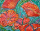 Twirling Poppies Art 8x10 Impressionist Flower Oil Painting by Award Winner Kendall F. Kessler