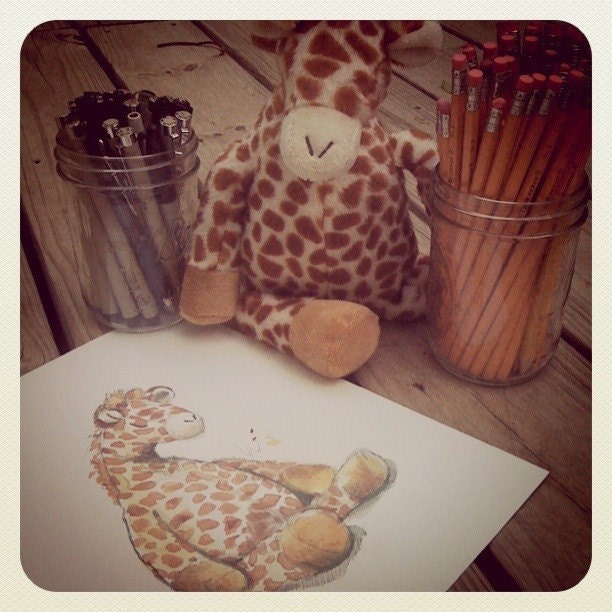 sleepy stuffed baby giraffe nursery art : print of original watercolor
