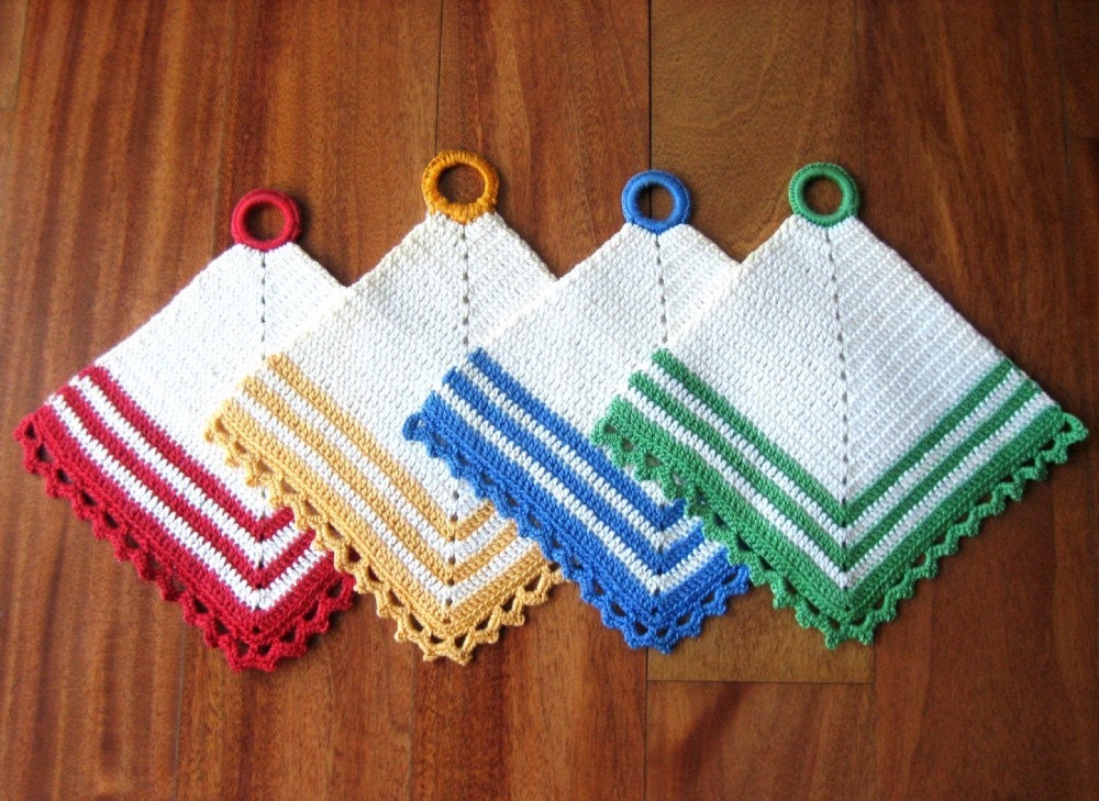 Vintage hand crocheted LACE POTHOLDERS Potholder Set Antique Colorful KITCHEN Cotton Crochet 4
